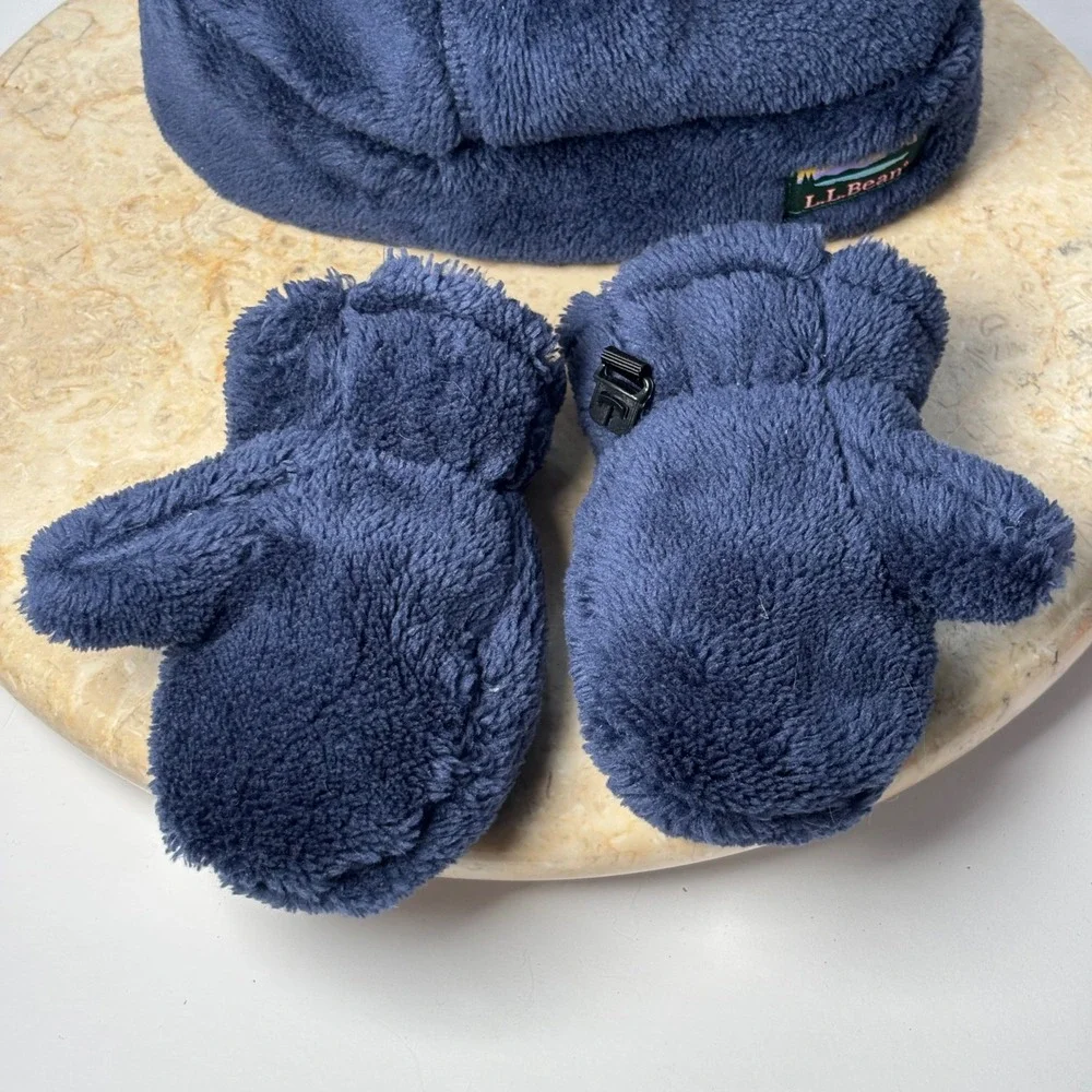 LL Bean Toddler Hat and Mittens Set Navy Blue Fleece Bear Ears 6-12M‎ Hi-Pile